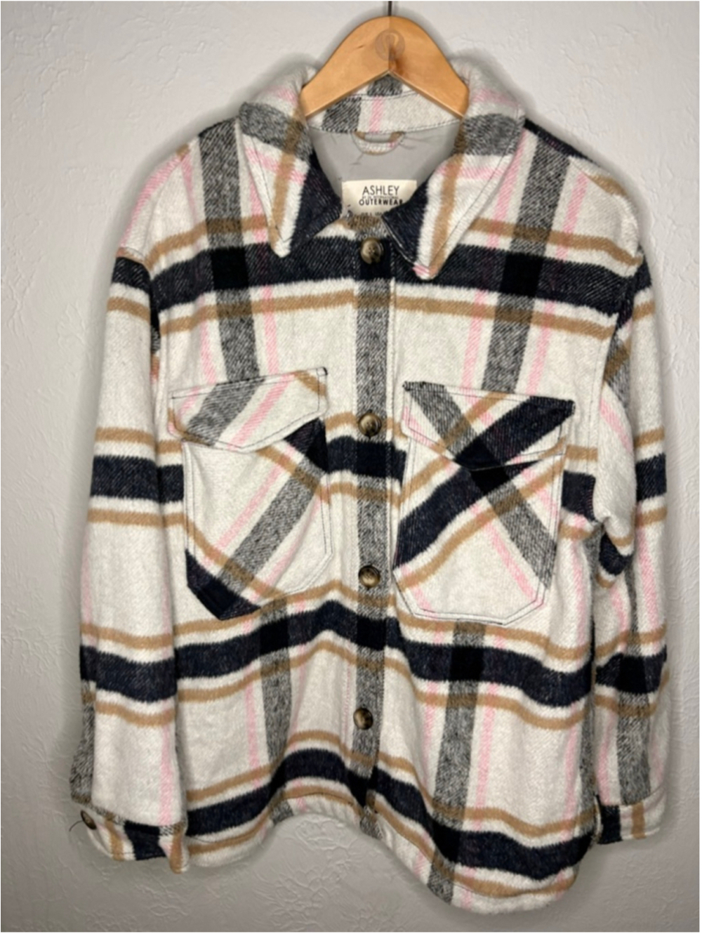 Ashley Outerwear Plaid Shacket Jacket White Black Pink Tan Large